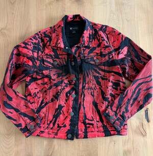 Waimea Men's Red and Black Abstract Splash Print Denim Jacket